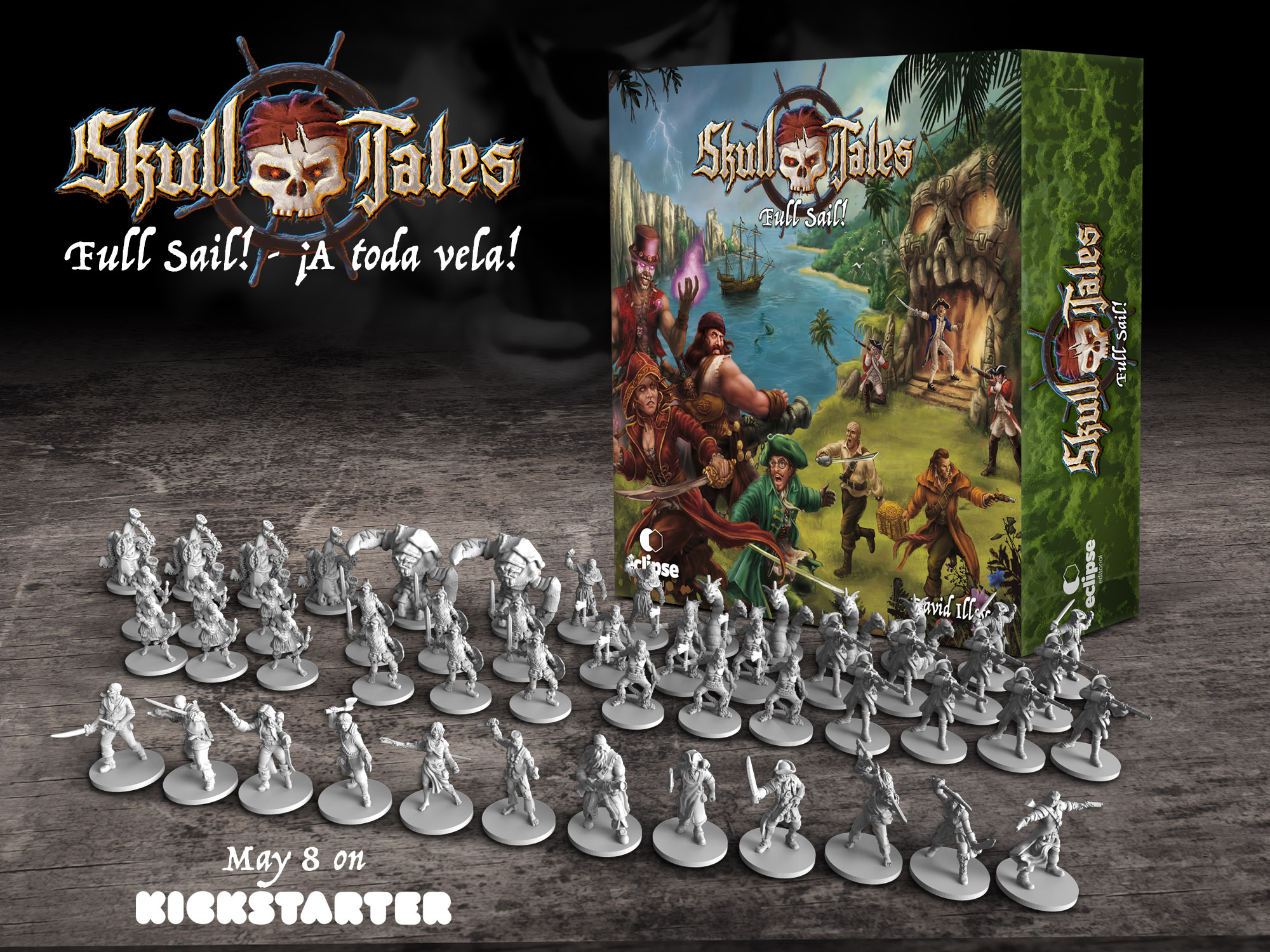 Skull Tales ¡A Toda Vela! Kickstarter caja y miniaturas Skull Tales: Full Sail!