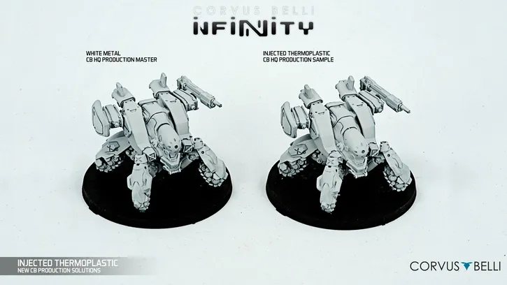 Comparación de aspecto entre miniatura de metal blanco vs. termoplástico del juego Infinity The Game